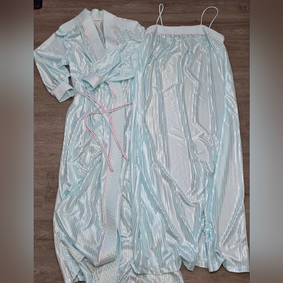 Vintage Dominique Robe Nightgown Set Womans Sz Large Aqua Blue Pink Shimmery - Picture 11 of 11